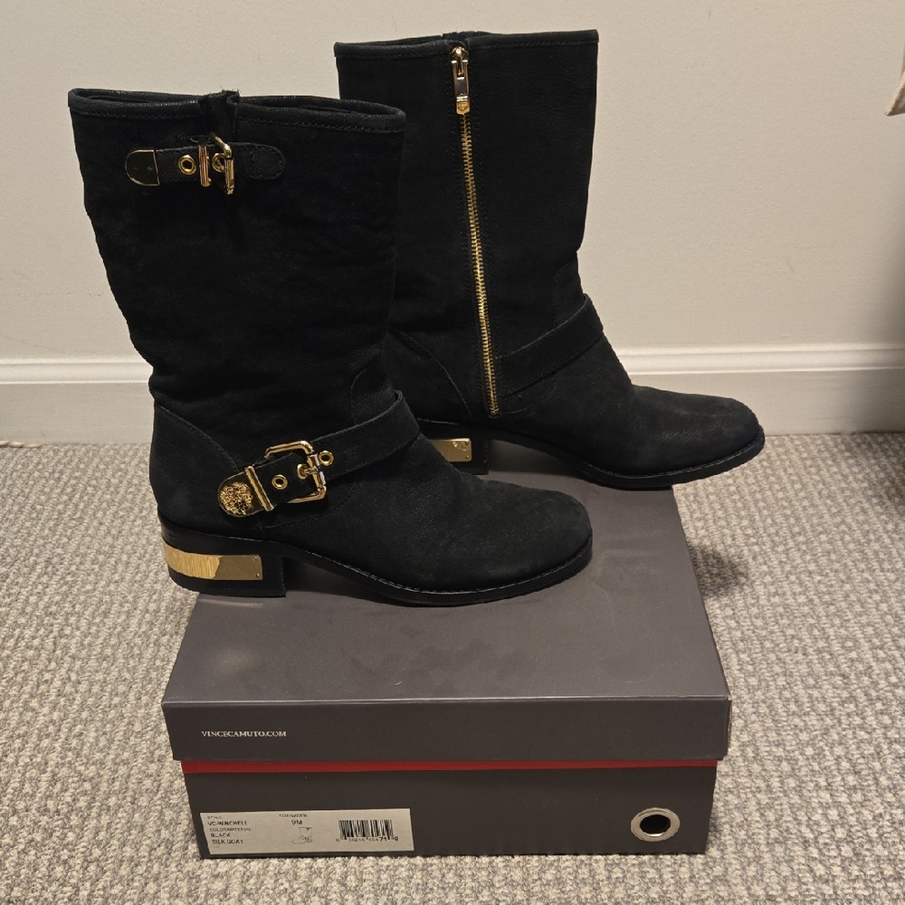 Vince Camuto Winchell Black Silk Goat Heeled Boots with Gold Accents